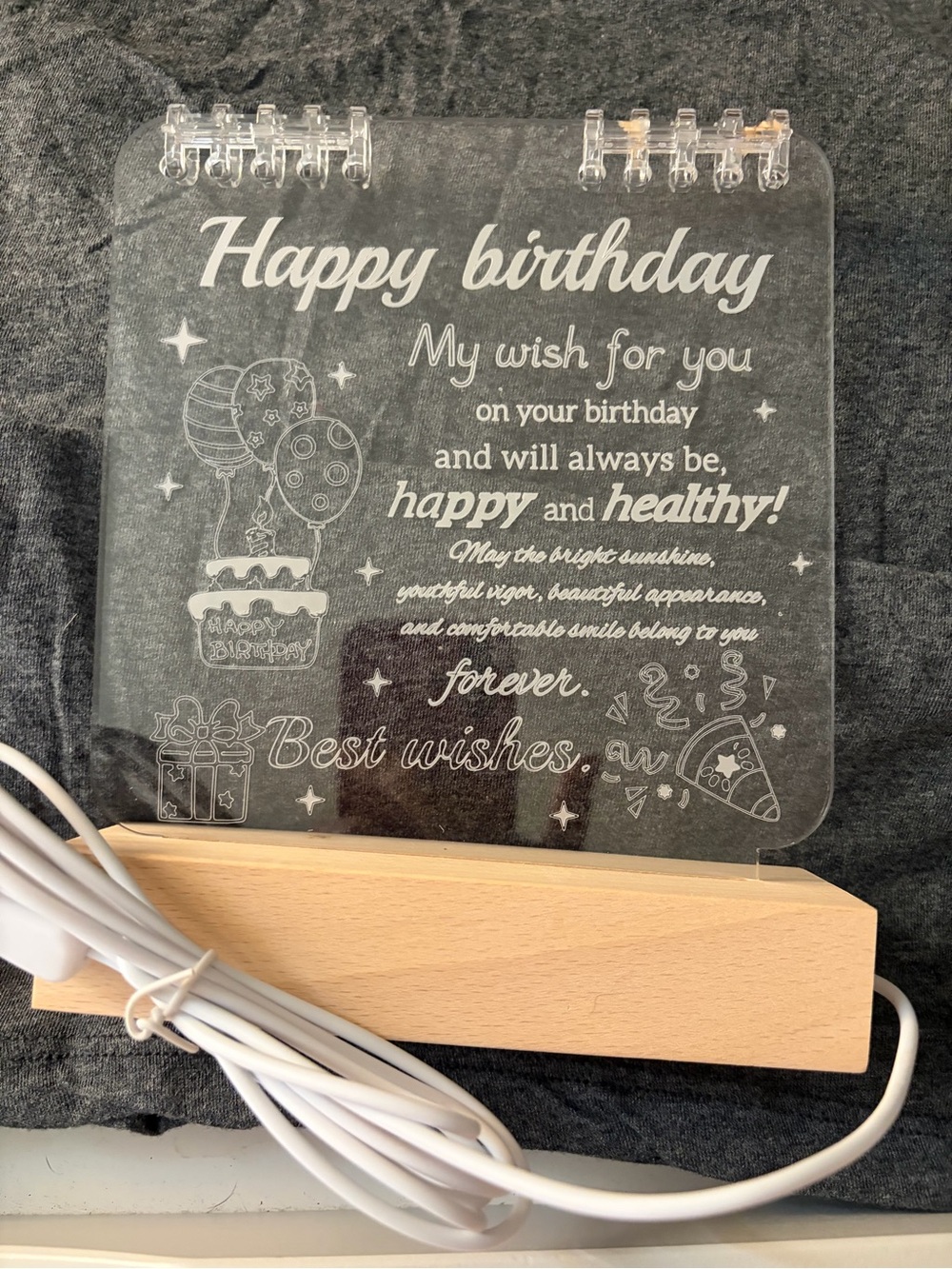 Happy Birthday LED Acrylic Light Panel with Wood Base - Clear